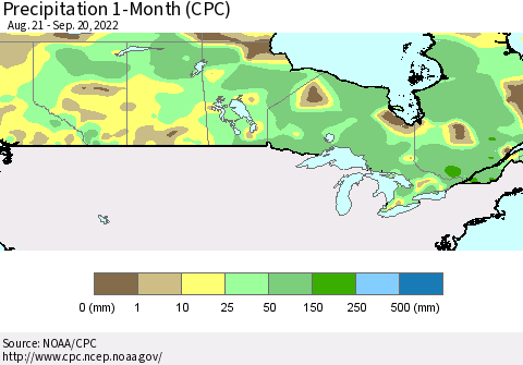 Canada Precipitation 1-Month (CPC) Thematic Map For 8/21/2022 - 9/20/2022
