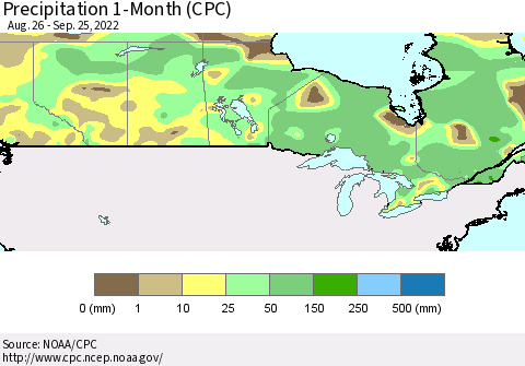 Canada Precipitation 1-Month (CPC) Thematic Map For 8/26/2022 - 9/25/2022