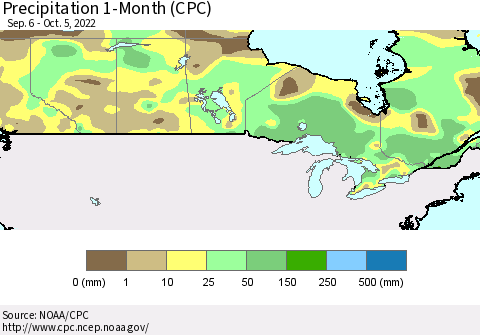 Canada Precipitation 1-Month (CPC) Thematic Map For 9/6/2022 - 10/5/2022