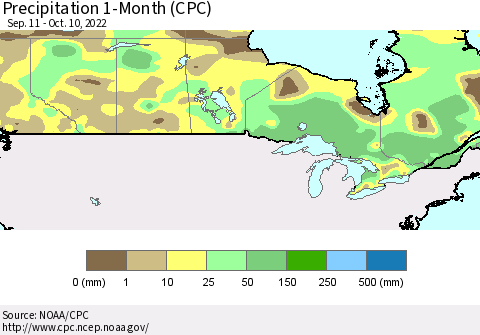 Canada Precipitation 1-Month (CPC) Thematic Map For 9/11/2022 - 10/10/2022