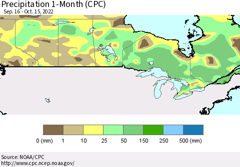 Canada Precipitation 1-Month (CPC) Thematic Map For 9/16/2022 - 10/15/2022