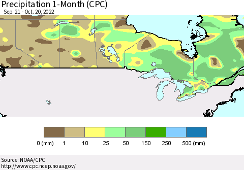 Canada Precipitation 1-Month (CPC) Thematic Map For 9/21/2022 - 10/20/2022