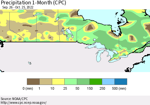 Canada Precipitation 1-Month (CPC) Thematic Map For 9/26/2022 - 10/25/2022