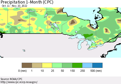 Canada Precipitation 1-Month (CPC) Thematic Map For 10/11/2022 - 11/10/2022
