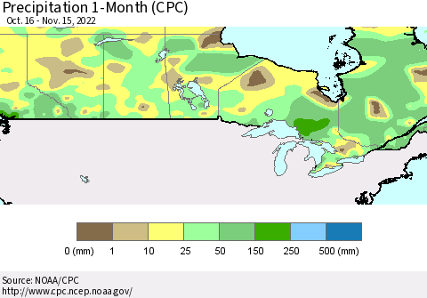 Canada Precipitation 1-Month (CPC) Thematic Map For 10/16/2022 - 11/15/2022