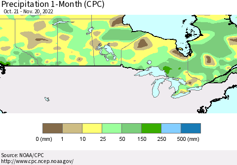 Canada Precipitation 1-Month (CPC) Thematic Map For 10/21/2022 - 11/20/2022