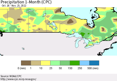 Canada Precipitation 1-Month (CPC) Thematic Map For 10/26/2022 - 11/25/2022