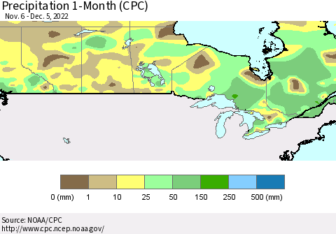 Canada Precipitation 1-Month (CPC) Thematic Map For 11/6/2022 - 12/5/2022