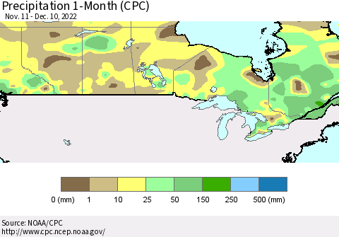 Canada Precipitation 1-Month (CPC) Thematic Map For 11/11/2022 - 12/10/2022