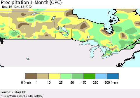 Canada Precipitation 1-Month (CPC) Thematic Map For 11/16/2022 - 12/15/2022