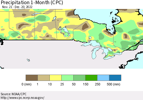 Canada Precipitation 1-Month (CPC) Thematic Map For 11/21/2022 - 12/20/2022