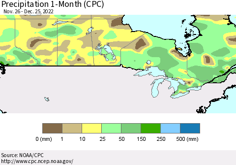Canada Precipitation 1-Month (CPC) Thematic Map For 11/26/2022 - 12/25/2022