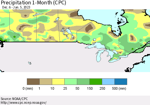 Canada Precipitation 1-Month (CPC) Thematic Map For 12/6/2022 - 1/5/2023