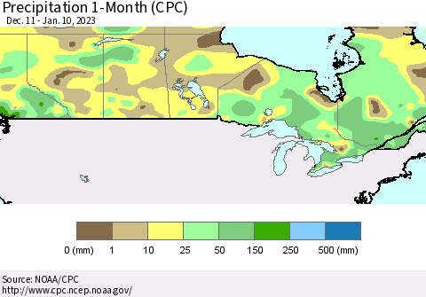 Canada Precipitation 1-Month (CPC) Thematic Map For 12/11/2022 - 1/10/2023