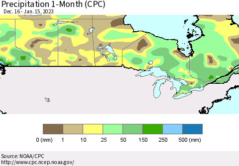 Canada Precipitation 1-Month (CPC) Thematic Map For 12/16/2022 - 1/15/2023