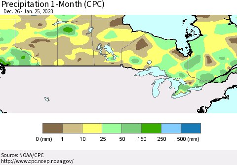 Canada Precipitation 1-Month (CPC) Thematic Map For 12/26/2022 - 1/25/2023