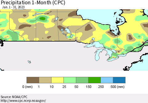 Canada Precipitation 1-Month (CPC) Thematic Map For 1/1/2023 - 1/31/2023