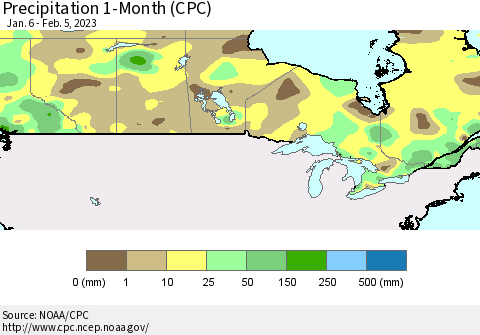 Canada Precipitation 1-Month (CPC) Thematic Map For 1/6/2023 - 2/5/2023