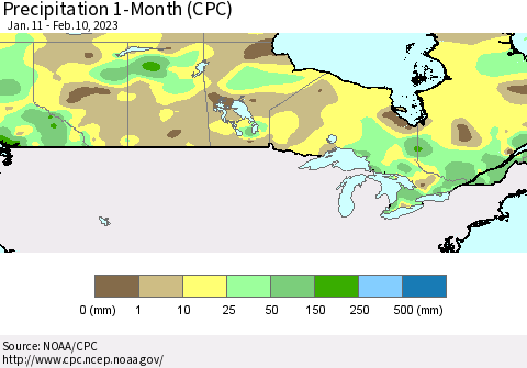 Canada Precipitation 1-Month (CPC) Thematic Map For 1/11/2023 - 2/10/2023