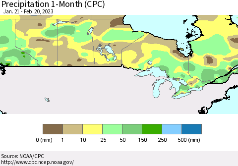 Canada Precipitation 1-Month (CPC) Thematic Map For 1/21/2023 - 2/20/2023