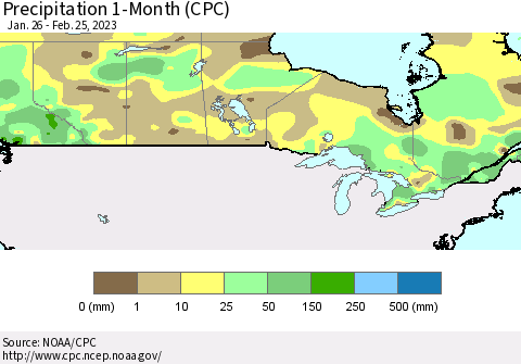Canada Precipitation 1-Month (CPC) Thematic Map For 1/26/2023 - 2/25/2023