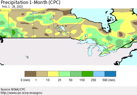 Canada Precipitation 1-Month (CPC) Thematic Map For 2/1/2023 - 2/28/2023