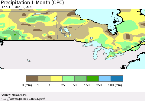 Canada Precipitation 1-Month (CPC) Thematic Map For 2/11/2023 - 3/10/2023