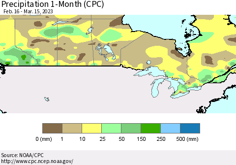 Canada Precipitation 1-Month (CPC) Thematic Map For 2/16/2023 - 3/15/2023