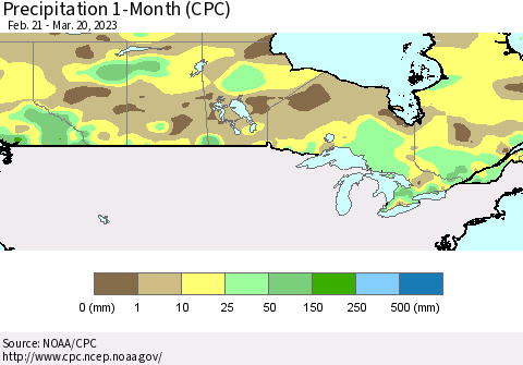 Canada Precipitation 1-Month (CPC) Thematic Map For 2/21/2023 - 3/20/2023