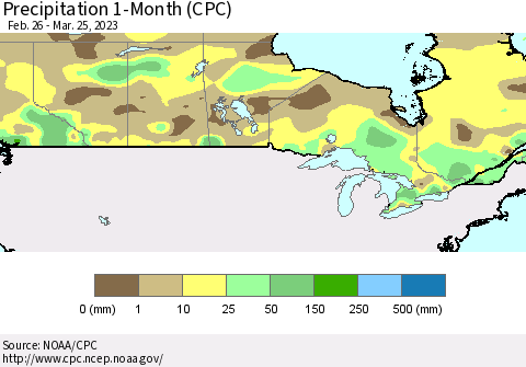 Canada Precipitation 1-Month (CPC) Thematic Map For 2/26/2023 - 3/25/2023