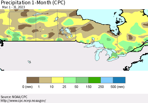 Canada Precipitation 1-Month (CPC) Thematic Map For 3/1/2023 - 3/31/2023
