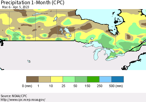 Canada Precipitation 1-Month (CPC) Thematic Map For 3/6/2023 - 4/5/2023