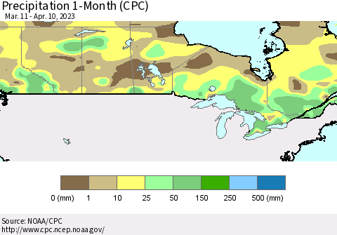Canada Precipitation 1-Month (CPC) Thematic Map For 3/11/2023 - 4/10/2023