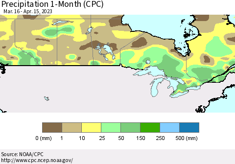 Canada Precipitation 1-Month (CPC) Thematic Map For 3/16/2023 - 4/15/2023