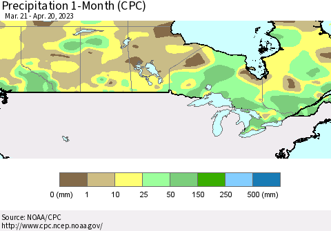 Canada Precipitation 1-Month (CPC) Thematic Map For 3/21/2023 - 4/20/2023