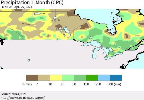 Canada Precipitation 1-Month (CPC) Thematic Map For 3/26/2023 - 4/25/2023
