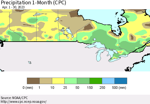 Canada Precipitation 1-Month (CPC) Thematic Map For 4/1/2023 - 4/30/2023
