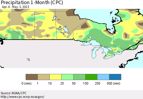 Canada Precipitation 1-Month (CPC) Thematic Map For 4/6/2023 - 5/5/2023