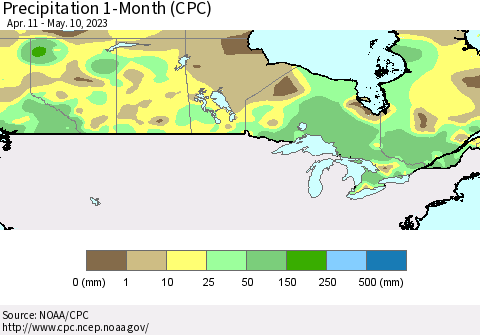 Canada Precipitation 1-Month (CPC) Thematic Map For 4/11/2023 - 5/10/2023