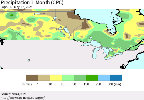 Canada Precipitation 1-Month (CPC) Thematic Map For 4/16/2023 - 5/15/2023
