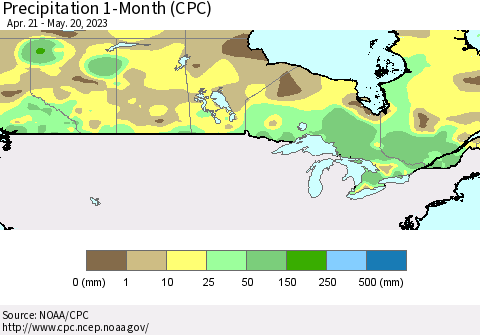 Canada Precipitation 1-Month (CPC) Thematic Map For 4/21/2023 - 5/20/2023