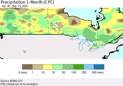 Canada Precipitation 1-Month (CPC) Thematic Map For 4/26/2023 - 5/25/2023