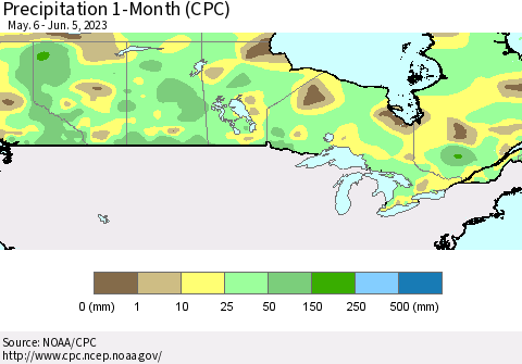 Canada Precipitation 1-Month (CPC) Thematic Map For 5/6/2023 - 6/5/2023