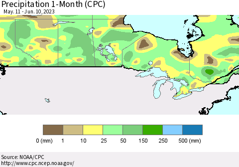 Canada Precipitation 1-Month (CPC) Thematic Map For 5/11/2023 - 6/10/2023