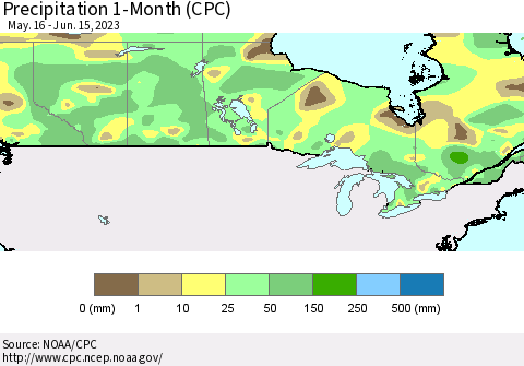Canada Precipitation 1-Month (CPC) Thematic Map For 5/16/2023 - 6/15/2023