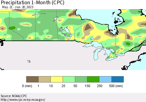 Canada Precipitation 1-Month (CPC) Thematic Map For 5/21/2023 - 6/20/2023
