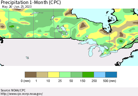 Canada Precipitation 1-Month (CPC) Thematic Map For 5/26/2023 - 6/25/2023