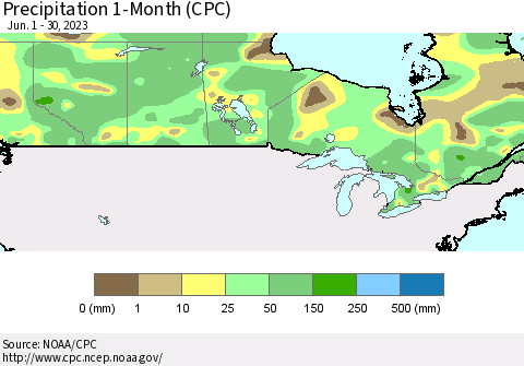 Canada Precipitation 1-Month (CPC) Thematic Map For 6/1/2023 - 6/30/2023
