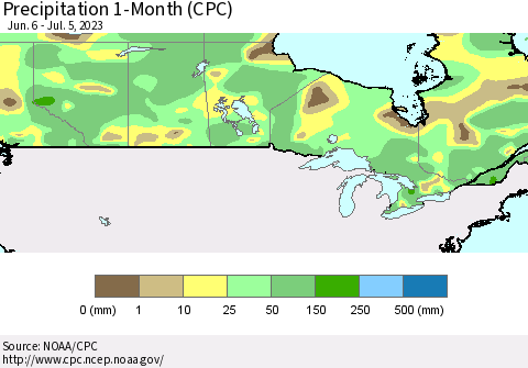 Canada Precipitation 1-Month (CPC) Thematic Map For 6/6/2023 - 7/5/2023