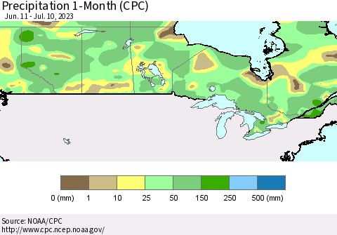 Canada Precipitation 1-Month (CPC) Thematic Map For 6/11/2023 - 7/10/2023